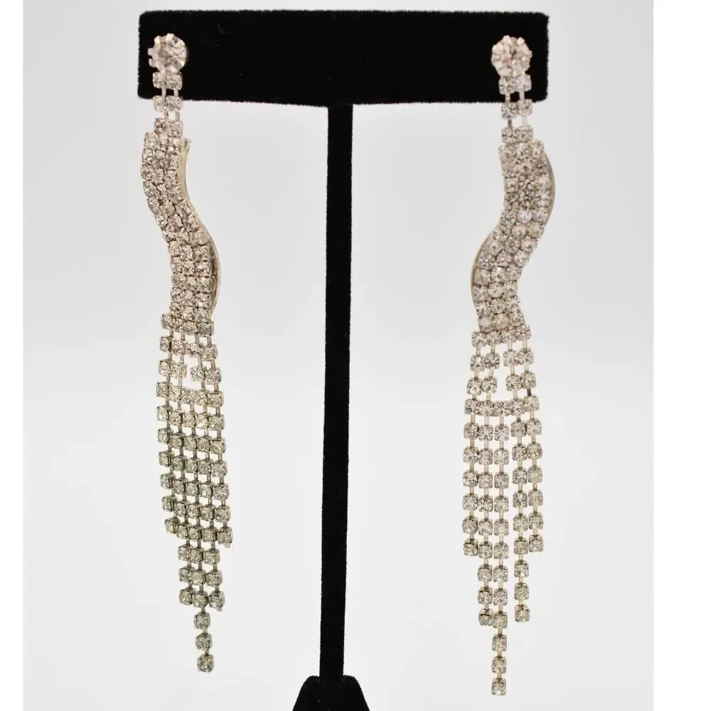 Vintage Dangle Earrings Rhinestone Crystal Fringe Chain Prong Silver 1980s 9L